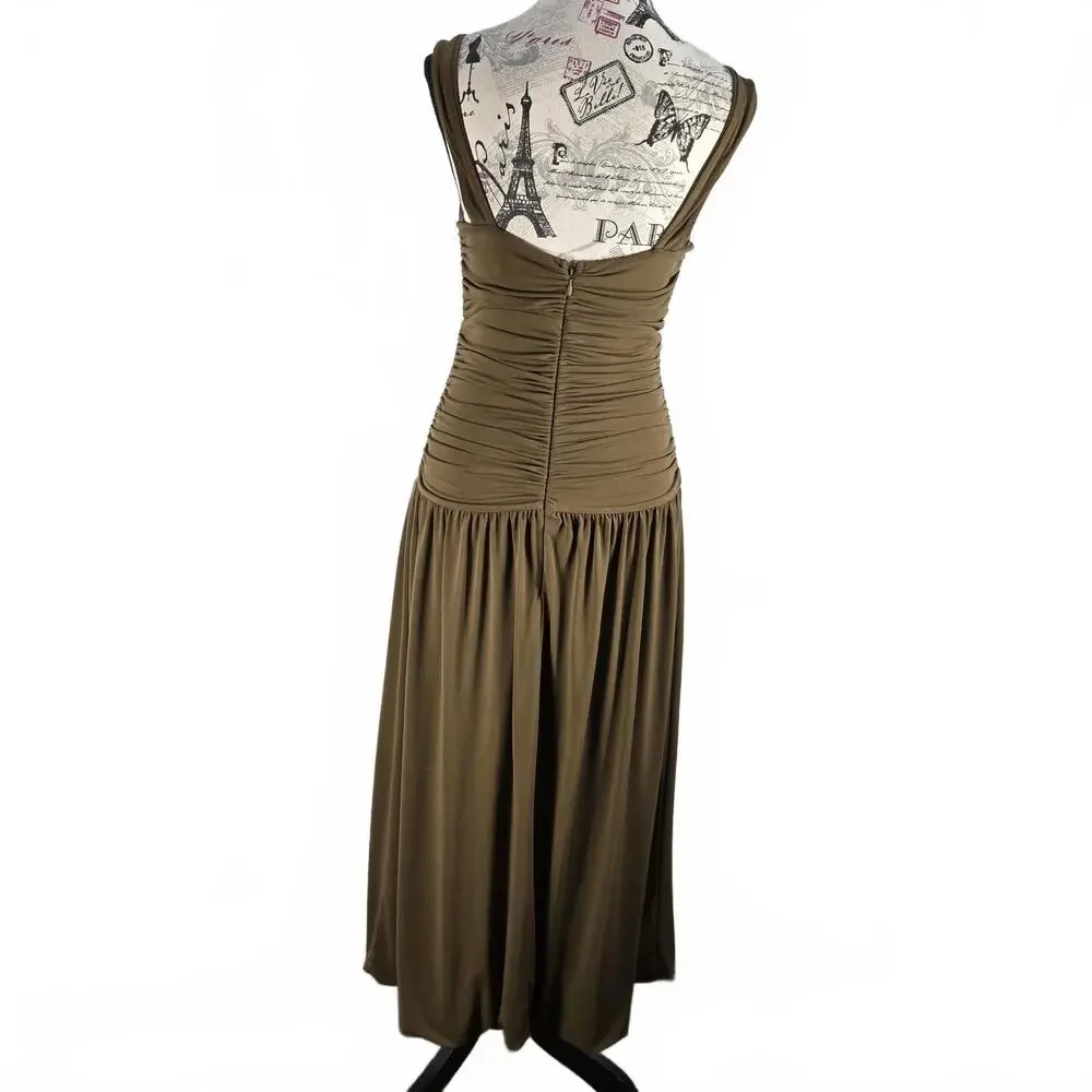 J. Crew Size S Olive Green Ruched Bodice Bubble Hem Sleeveless Midi Dress Prom - Picture 3 of 9